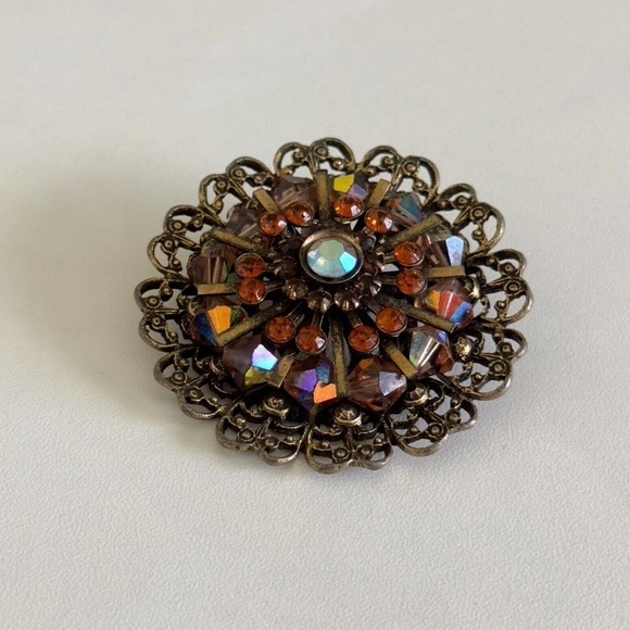 Vintage Weiss Signed Amber Orange AB Rhinestone Crystal Statement Brooch Pin - Picture 7 of 9